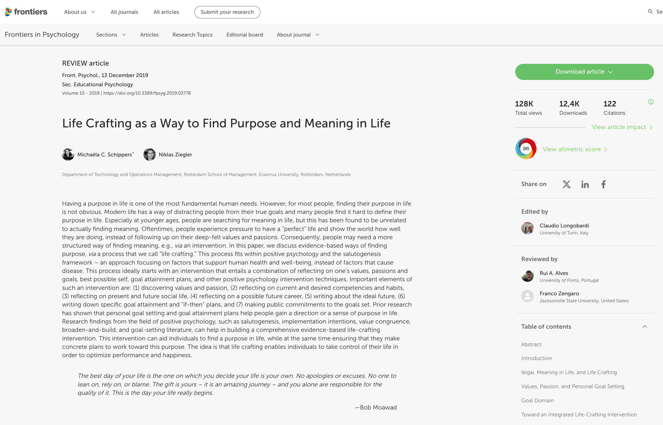 Frontiers in Psychology: Life Crafting as a Way to Find Purpose and Meaning in Life